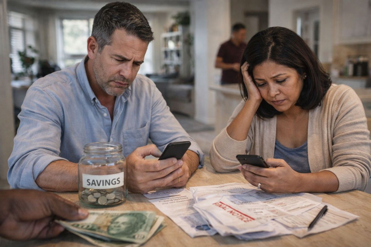 Couple looking worried while reviewing finances and bills at kitchen table