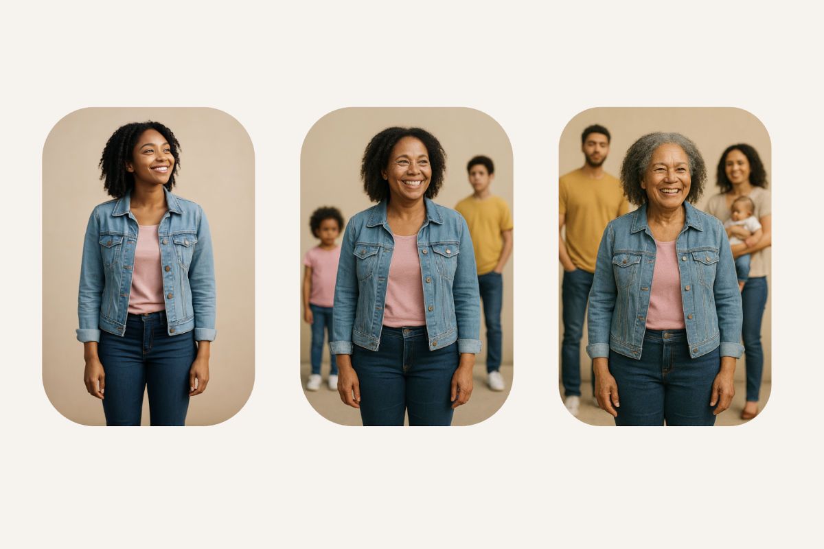 Woman shown at different life stages from young to old with family