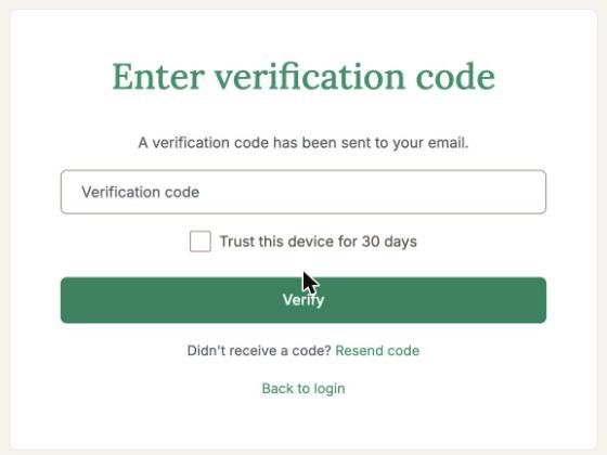The verification step, asking for the code sent to your email address