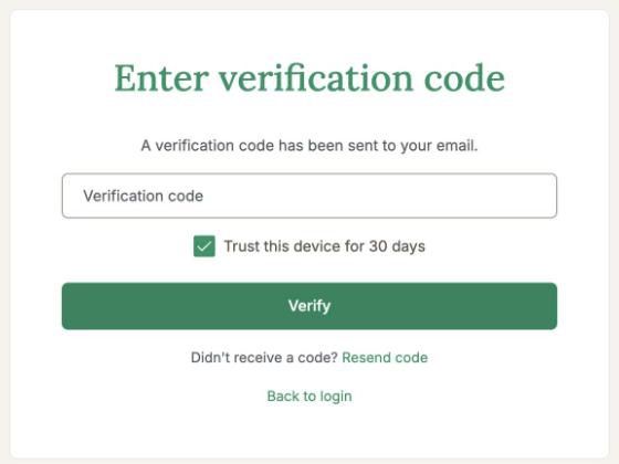 The same step with Trust this device for 30 days ticked below the code field