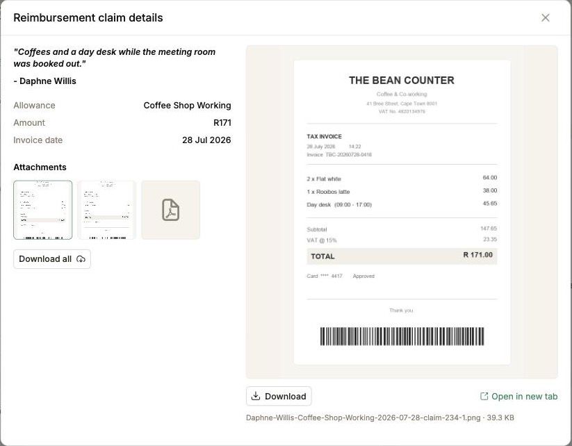 A claim open with its receipt rendered beside the allowance, amount and invoice date