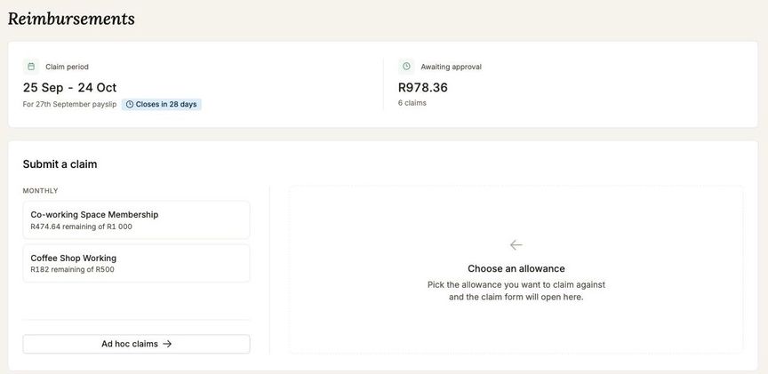 The reimbursements page, showing the claim period and amount awaiting approval above a list of allowances
