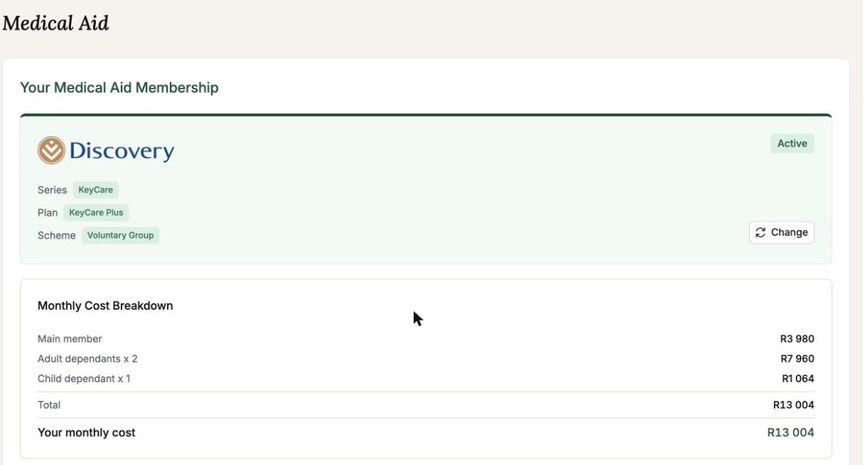 The membership page, showing the plan, the scheme and what it costs broken down by who is covered
