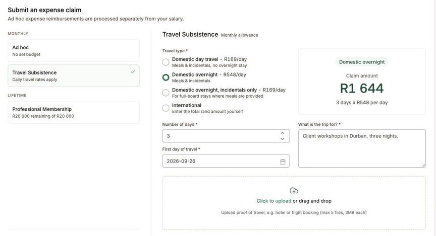 A per diem travel claim, with the travel type chosen and the amount worked out from the daily rate