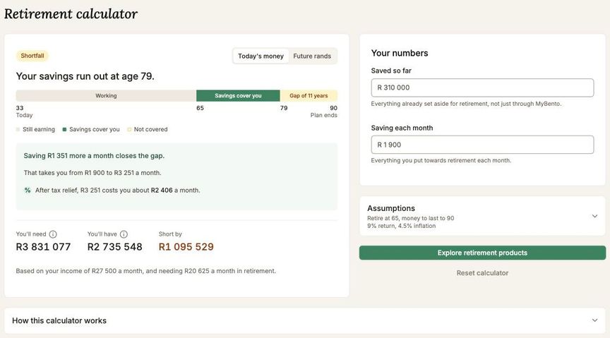 The retirement calculator, showing a plain-language verdict above the savings and contribution inputs