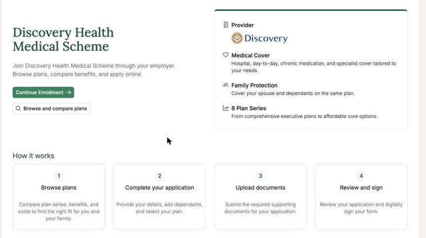 The medical aid page, showing the four steps of applying and what you will need