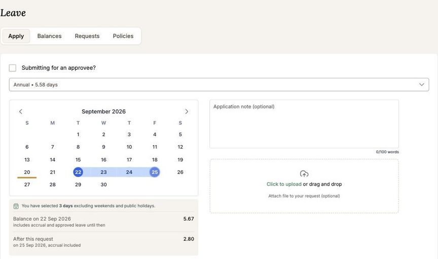 The leave page open on the Apply tab, with dates selected and the projected balance below the calendar