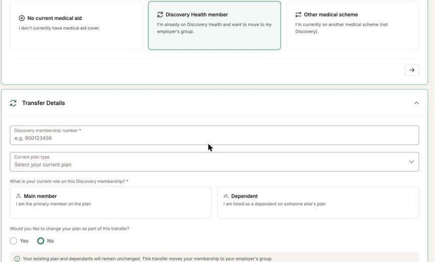 The transfer route, asking for a membership number and your role on the existing plan