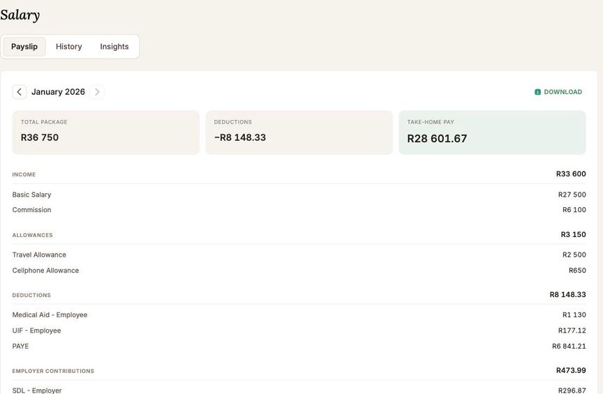 The Payslip tab in MyBento, showing total package, deductions and take-home pay above a grouped list of every line