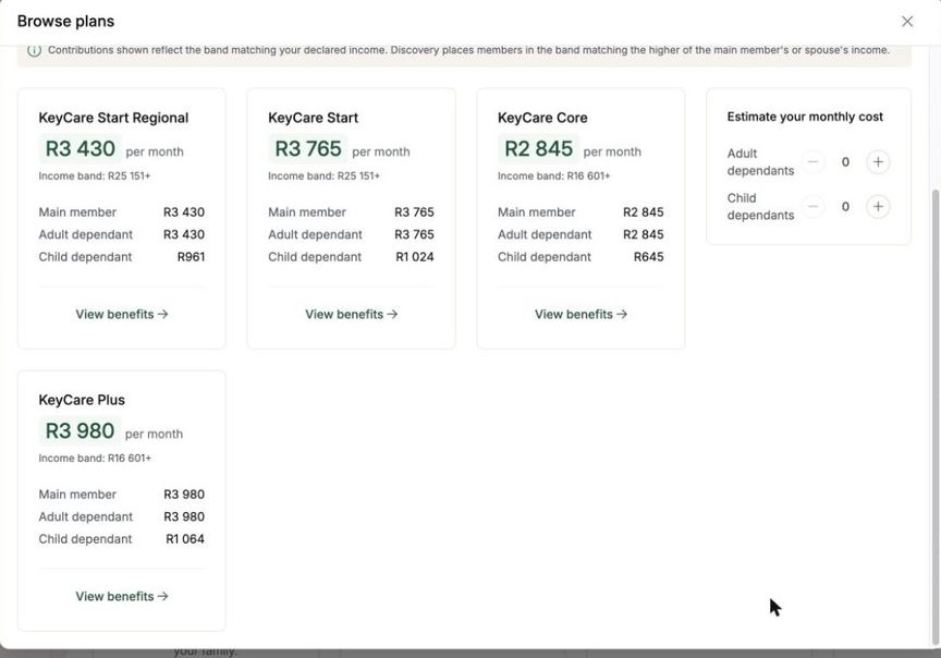 The KeyCare plans, each showing its income band and what it costs for a main member, an adult dependant and a child