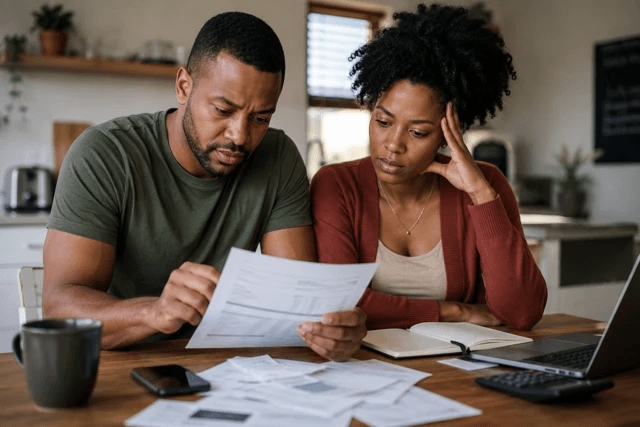 Couple sitting on a sofa having a thoughtful conversation about money