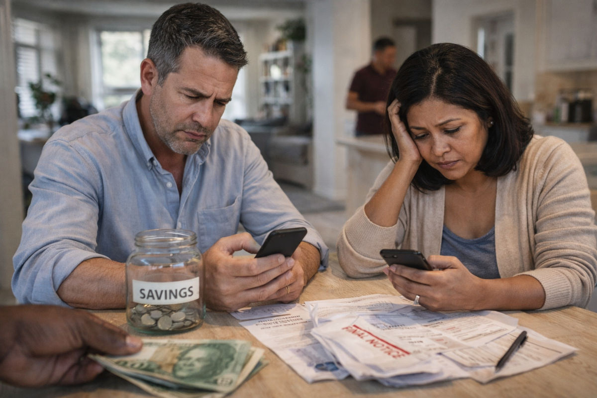 Couple looking worried while reviewing finances and bills at kitchen table